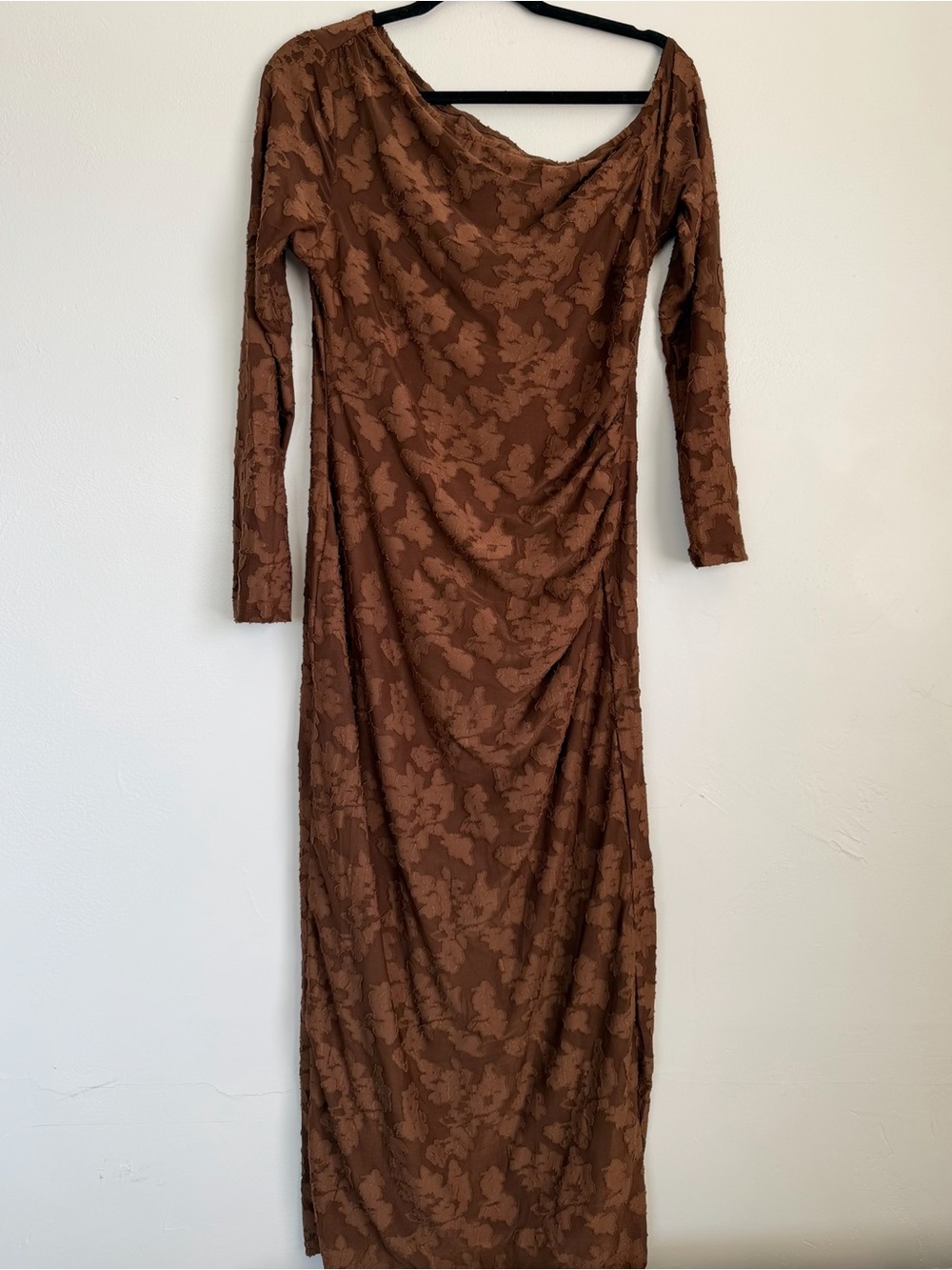 Brown Floral Long Sleeve Draped Maxi Dress